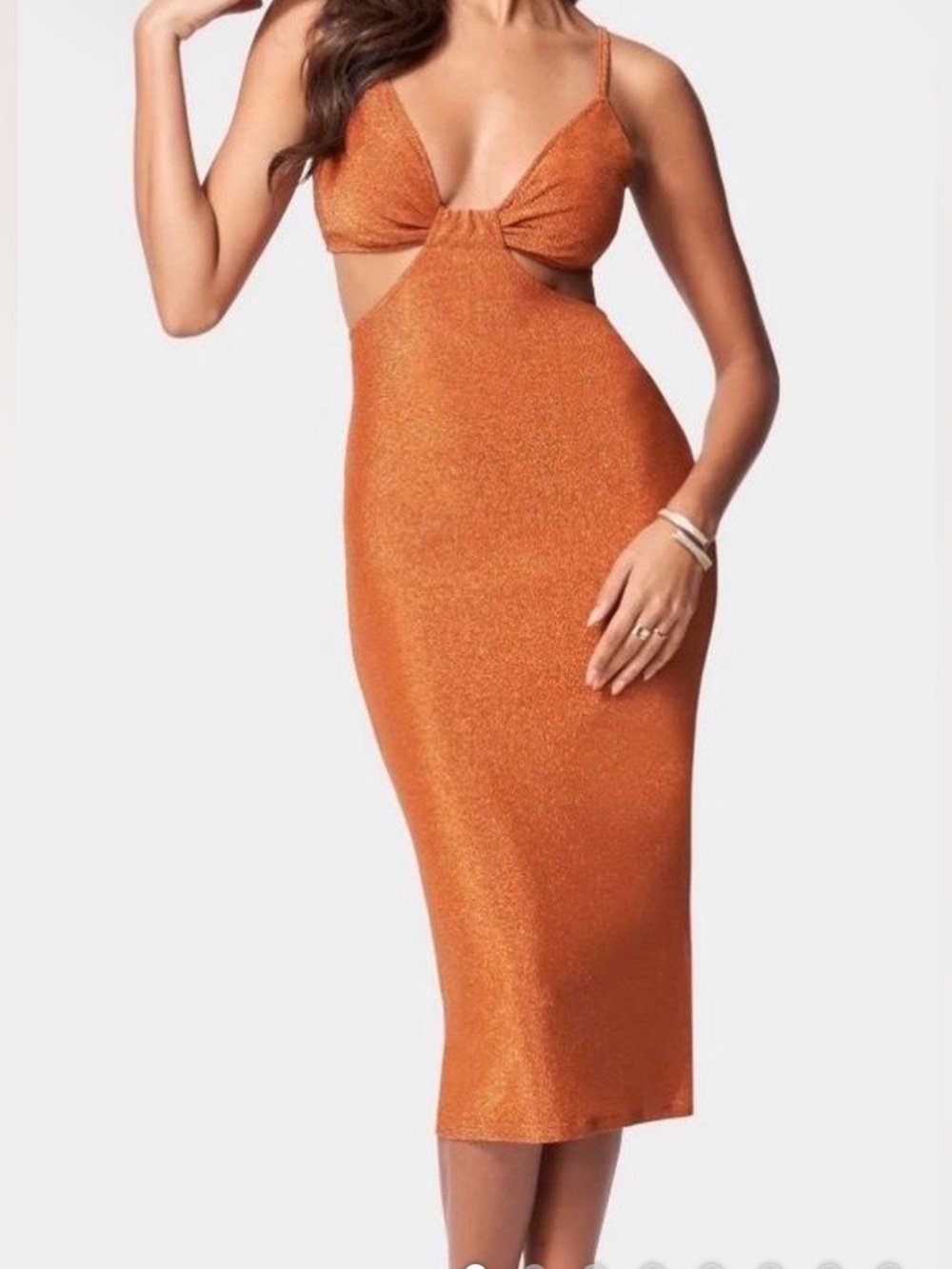 bebe Metallic Orange Cutout Midi Dress